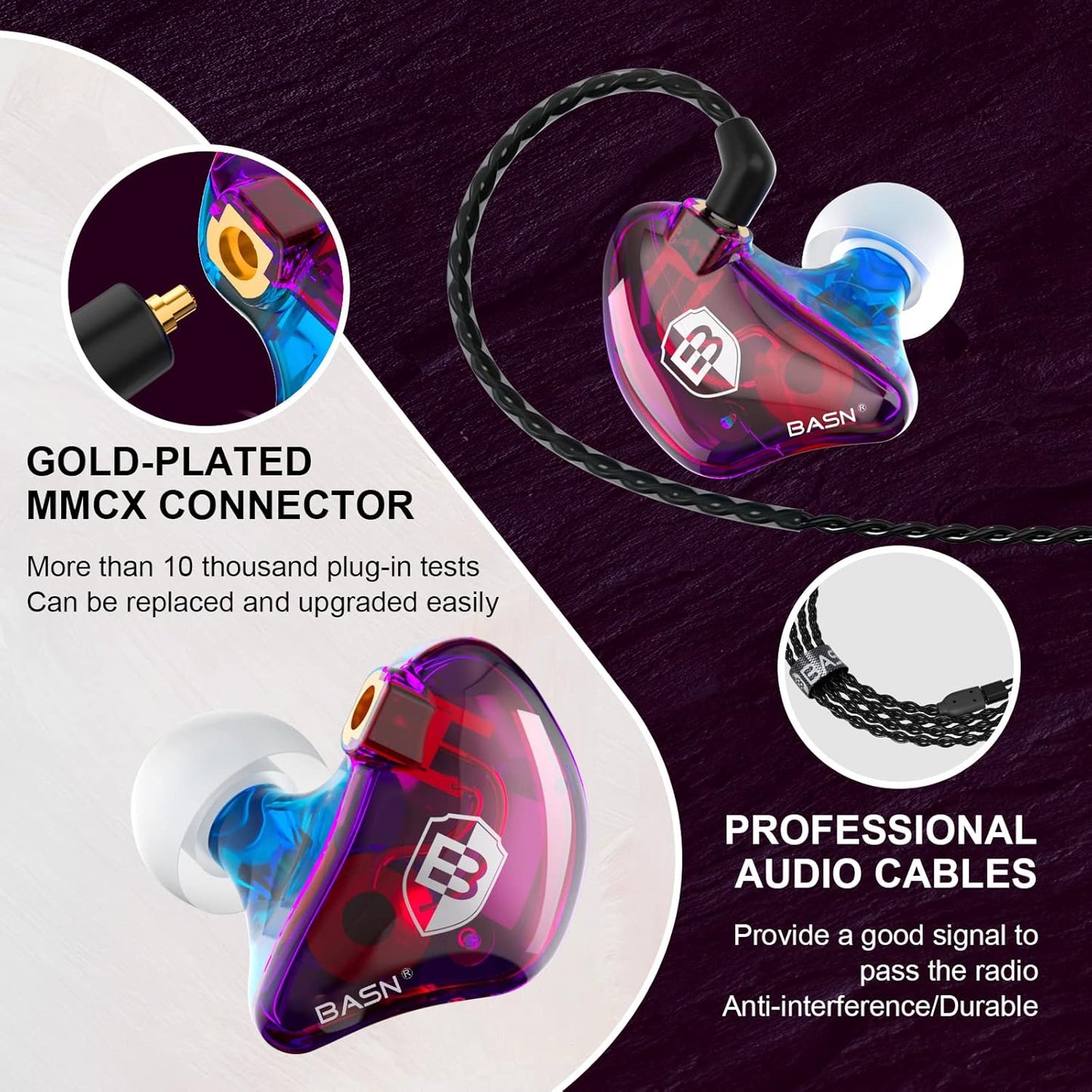 BASN Professional in Ear Monitor Headphones for Singers Drummers Musicians with MMCX Connector IEM Earphones (Pro Clear Colorful)