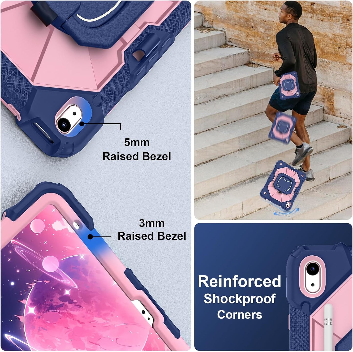 Case for iPad (A16) 11th Generation 11 Inch (2025), iPad 10th Generation Case 10.9 Inch (2022), Shockproof Cover with 360° Rotating Stand Screen Protector Pen Holder Shoulder Strap, Navy Rose