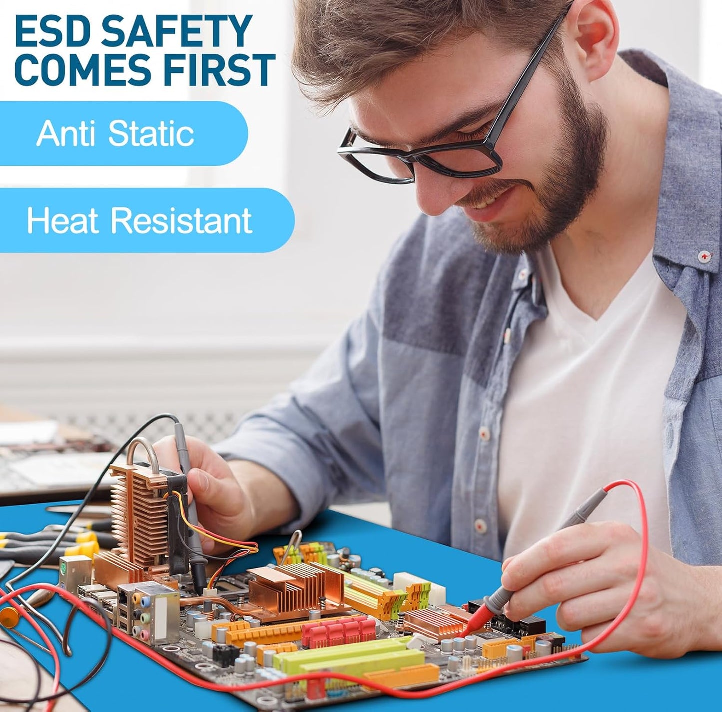 Anti-Static Mat Kits Includes Heat Resistant ESD Mats Anti Static Wrist Straps Grounding Cords Rubber Soldering Table ESD Pad for Computer PC Building Electronics Repair (1 Pack,24 x 35 in)