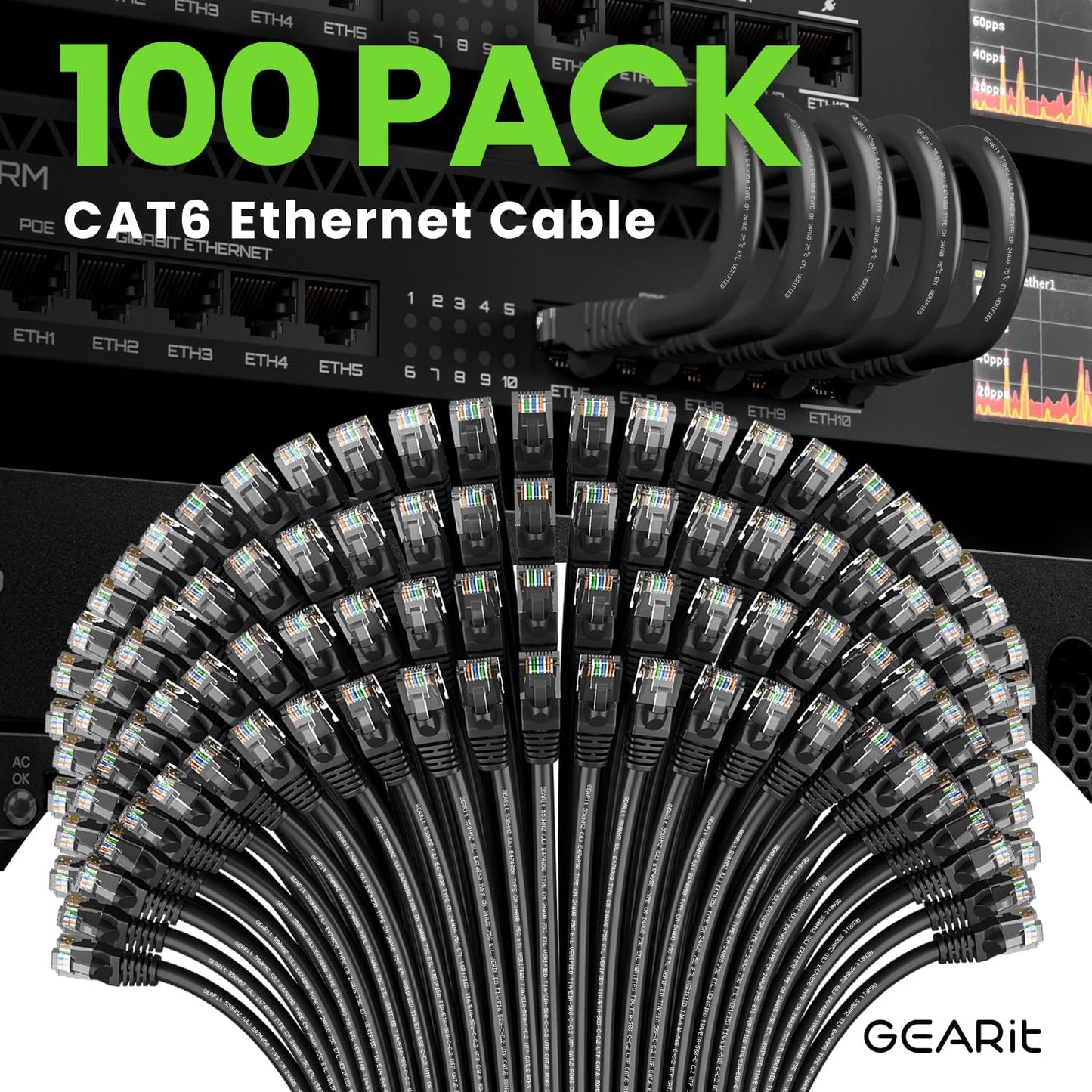 GEARit Cat 6 Ethernet Cable (100-Pack 1.5 Feet) Cat6 Network Patch, 10Gbps, RJ45, Snagless Cord, Gold-Plated Connectors, Internet for PC, TV, Tablet, Router, Printer, Servers, IT Data Center - Black