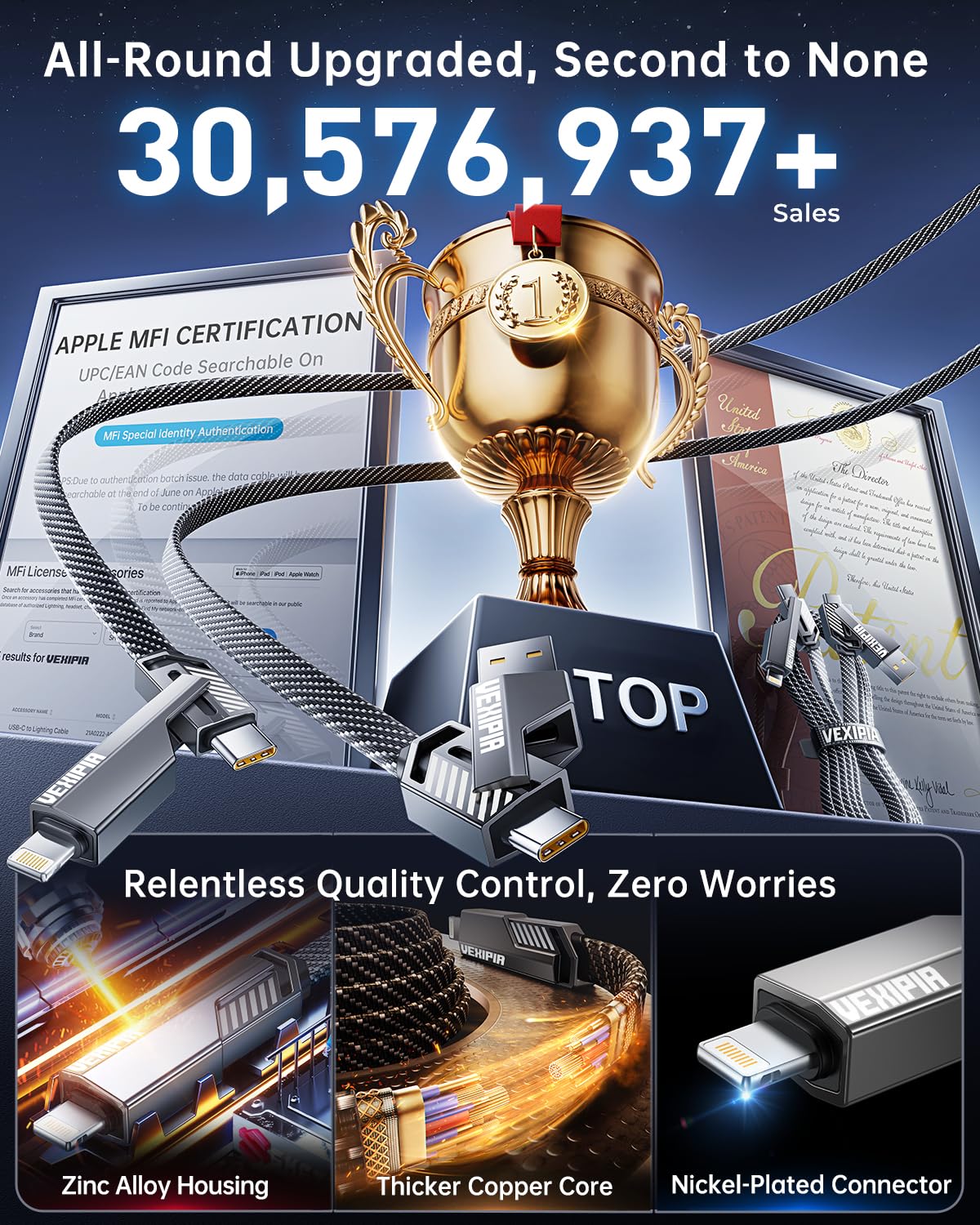 4-in-1 Long USB C Cable 100W 10FT Compatible with Lightning Cable [Fast Charging & Data Transfer] Flat Nylon Braided for iPhone iPad Charger Cord, Multi Charge Combo with L/Type C/USB A Port