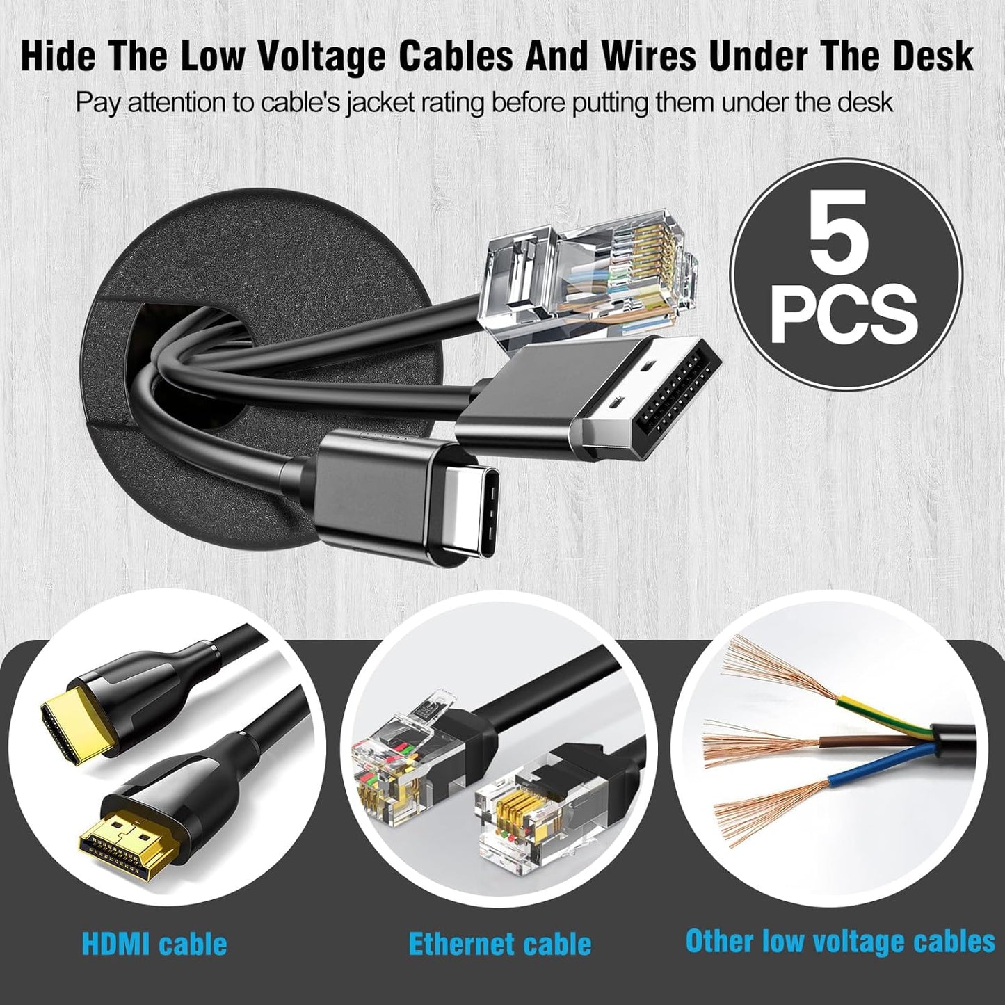 2" Black Desk Grommet, JTemgle Plastic Cable Hole Cover Computer Table Cord Wire Organizer Caps Desktop Cord Management for Home Office TV Stands Tabletops, 5 Pieces