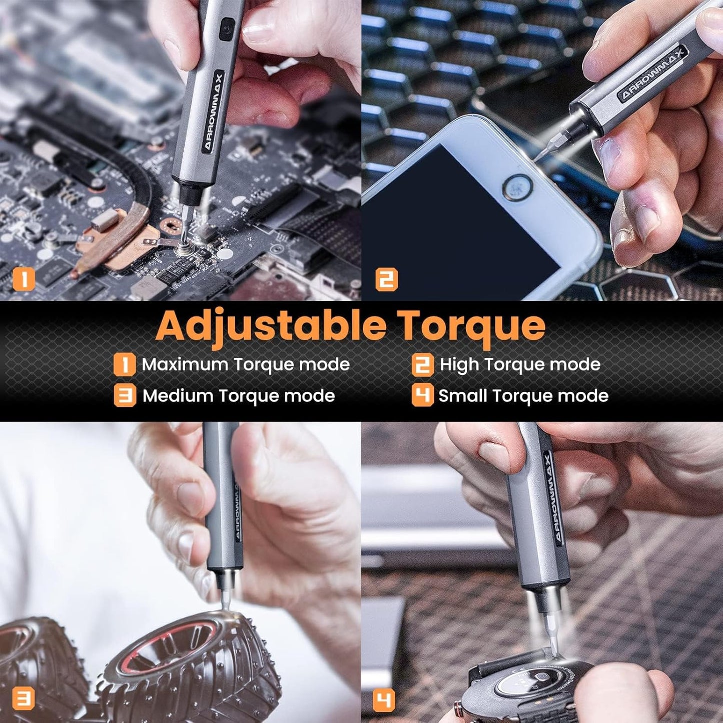 AM ARROWMAX Mini Electric Screwdriver, 4 Torque Settings Precision Screwdriver w/ 34 Magnetic Bits, Magnetic Storage, 5/32''Hex, Repair Tool Set for Phone Camera Laptop Watch (SES) Gray