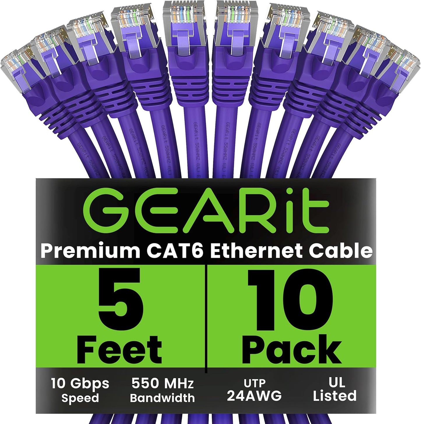 GearIT Cat 6 Ethernet Cable (10-Pack 5 Feet) Cat6 Network Patch, 10Gbps, RJ45, Snagless Cord, Gold-Plated Connectors, Internet for PC, TV, Tablet, Router, Printer, Servers, IT Data Center - Purple