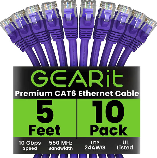 GearIT Cat 6 Ethernet Cable (10-Pack 5 Feet) Cat6 Network Patch, 10Gbps, RJ45, Snagless Cord, Gold-Plated Connectors, Internet for PC, TV, Tablet, Router, Printer, Servers, IT Data Center - Purple