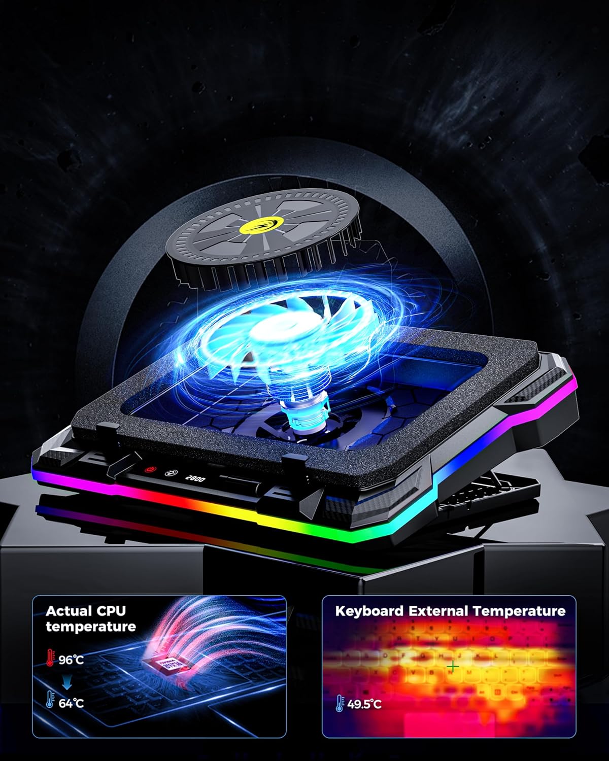 AICHESON Gaming Turbofan Laptop Cooling Pad with 10°C-35°C Temperature Drop, Full Sealed Foam Stand for 14-19 inch Laptops