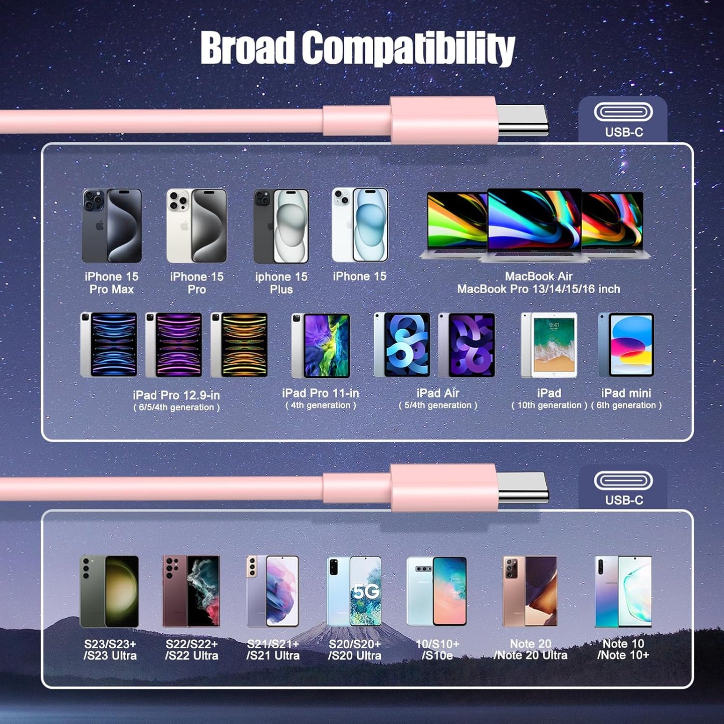 3-Pack Pink [3.3FT+6.6FT+10FT] 60W USB C to USB C Cable, Type C Fast Charging Cable for iPhone 16 15 Pro Plus Pro Max，for Galaxy S24 S23, for iPad Pro/Air, for MacBook Pro/Air and More