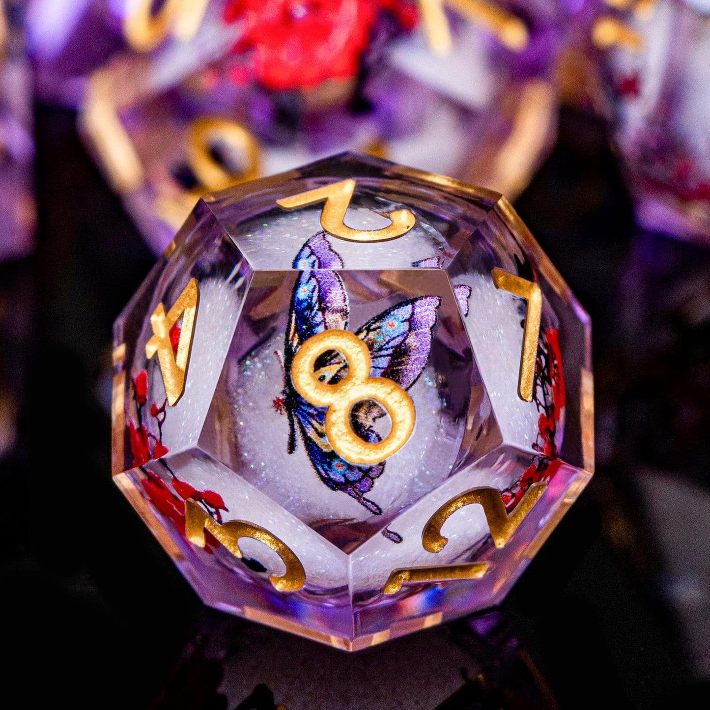 Butterfly DND Dice Purple Liquid Core Dice Set with Metal Box, Handmade Sharp Edge D and D Polyhedral Dice for use with D&D Role Playing Game, D20 D12 D10 D8 D6