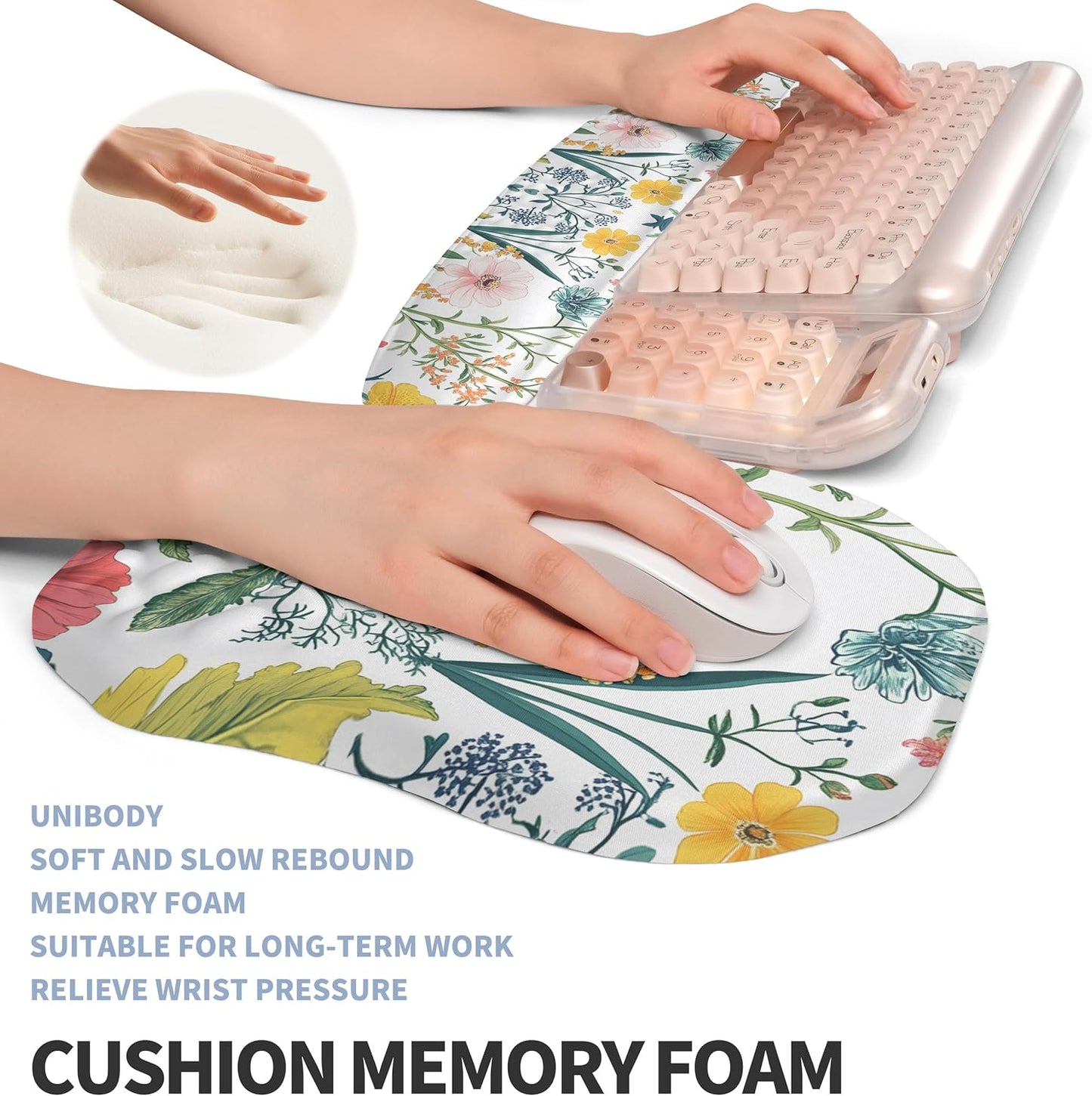 2-in-1 Ergonomic Set, Wave Keyboard Wrist Rest and Massage Slope Mouse Pad Wrist Support, Rebound Memory Foam for Relieve Carpal Tunnel Syndrome and Wrist Pain (Pink Flowers)