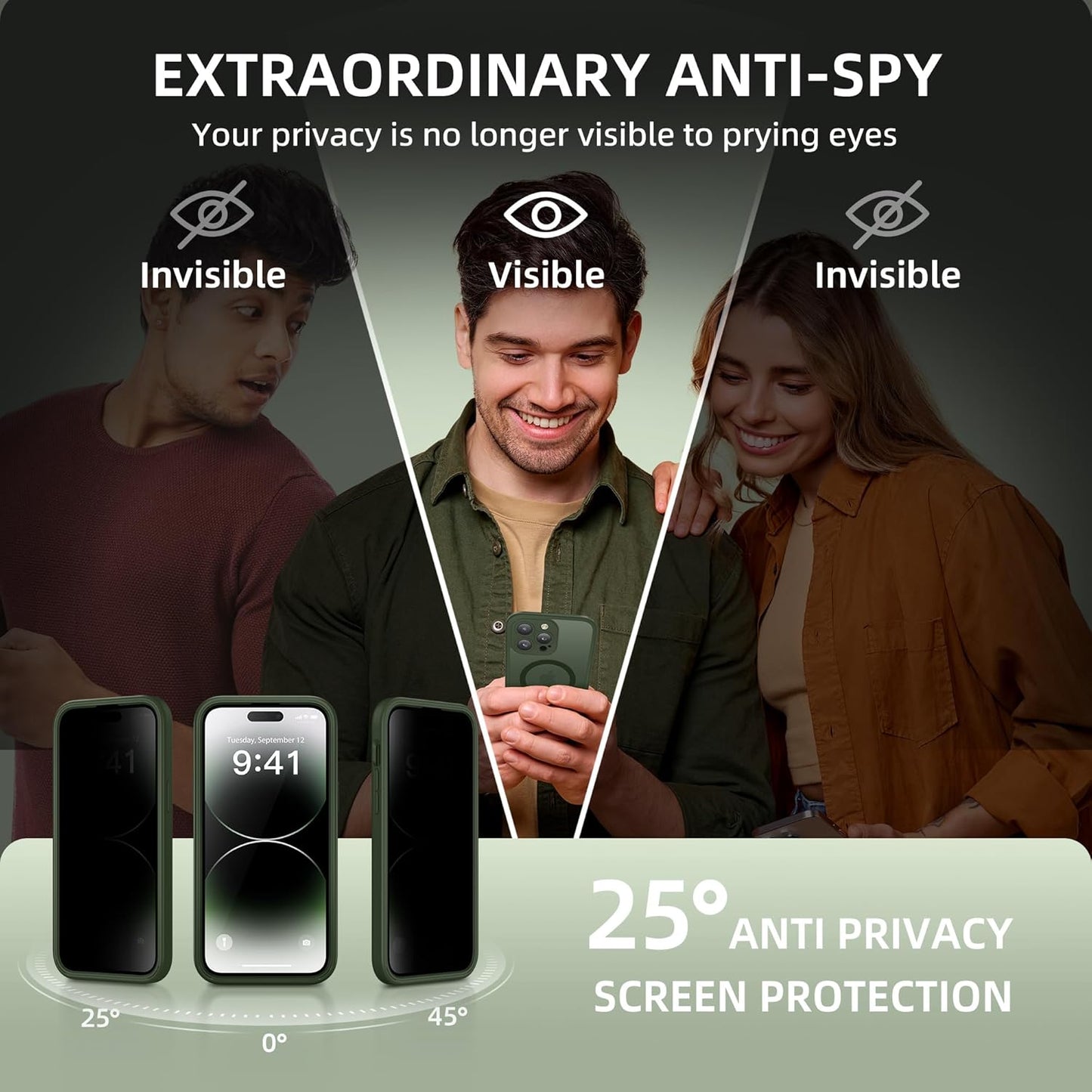 BERFY Magnetic for iPhone 14 Pro Max Case, Compatible with MagSafe, Built-in Privacy Screen Protector and Upgraded Camera Protection, Anti-Spy Full Body Shockproof Phone Case for 14 Pro Max 6.7",Green