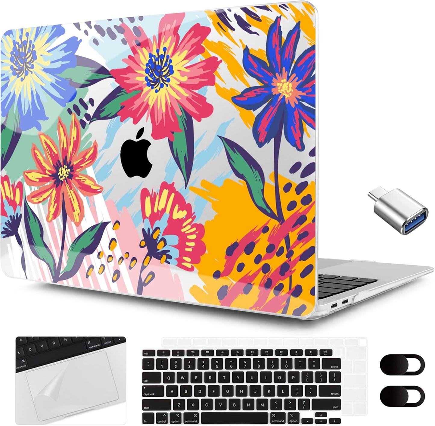 MEEgoodo for MacBook Air 13.3 inch Case 2021 2020 2019 2018 A2337 M1 A2179 A1932,Clear Case for MacBook Air M1,Laptop Shell with Keyboard Webcam Cover & Trackpad Film & OTG Adapter,Art Painted Flowers