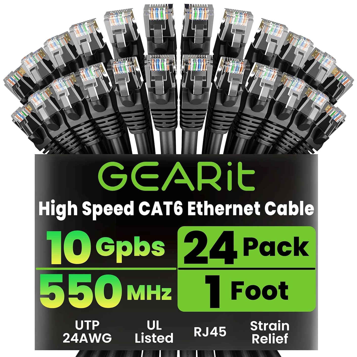 GEARit Cat 6 Ethernet Cable Pack - 24-Pack 1 ft Cat6 Ethernet Patch Cables | RJ45 Network Patch Cable, 10 Gbps Snagless Gold-Plated Connectors - Ethernet Cable Cat 6 for PC, TV, Router - Black