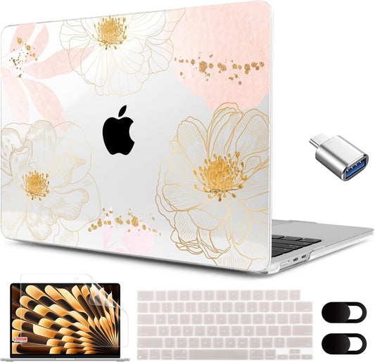 MEEgoodo for M4/M3/M2 MacBook Air 15.3 inch Case 2025 2024 2023, Case Fit Model (A3241/A3114/A2941) for MacBook Air 15 inch, Laptop Hard Shell with Keyboard Cover, Tropical Pink Flowers