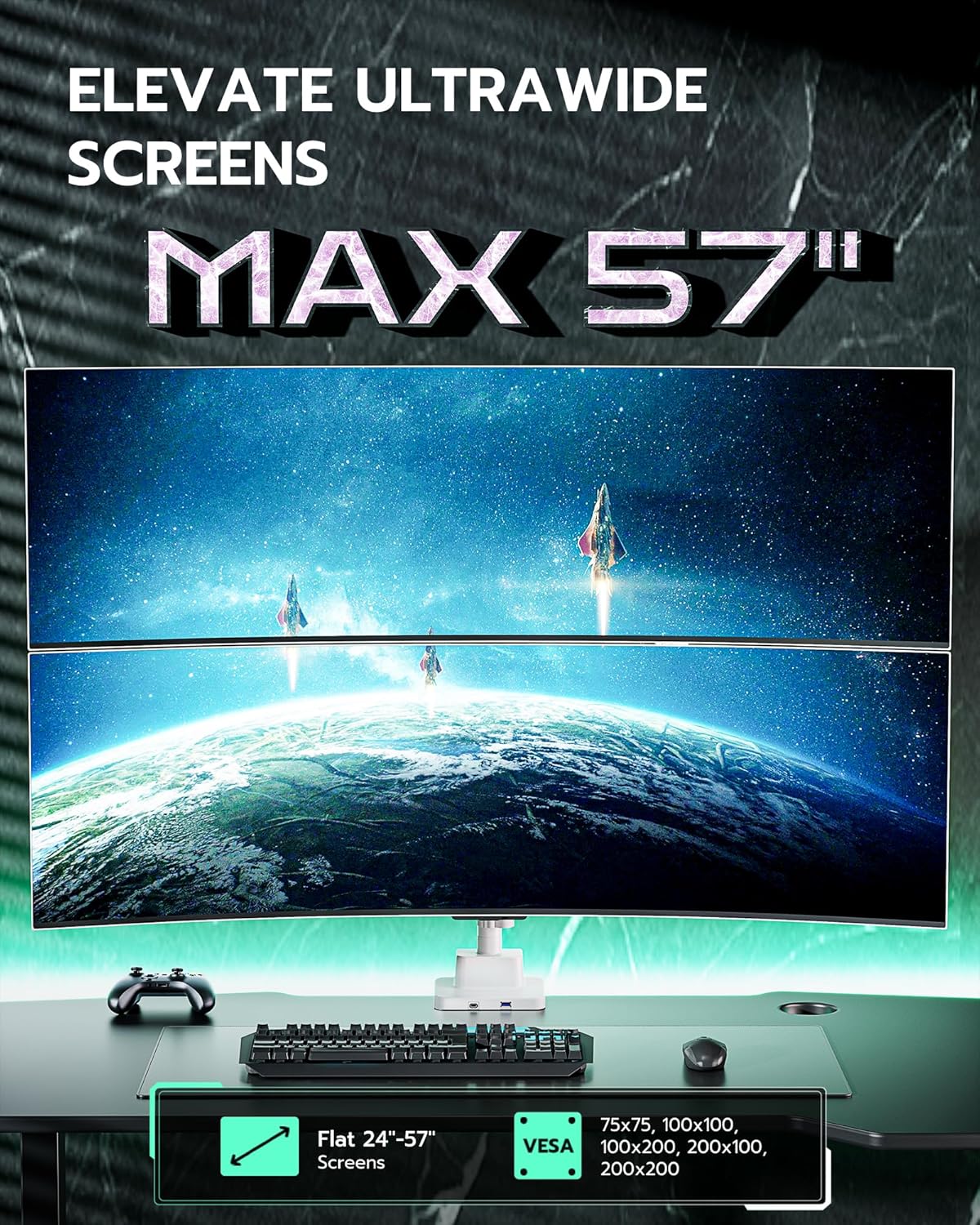 ARES WING Dual Monitor Mount, Adjustable Stacked Monitor Stand with USB A/C, Heavy Duty Gas Spring Monitor Desk Stand for 2 Monitors for 24-57 Inch Ultrawide Screen, 75/100/200 Vesa Mount, White