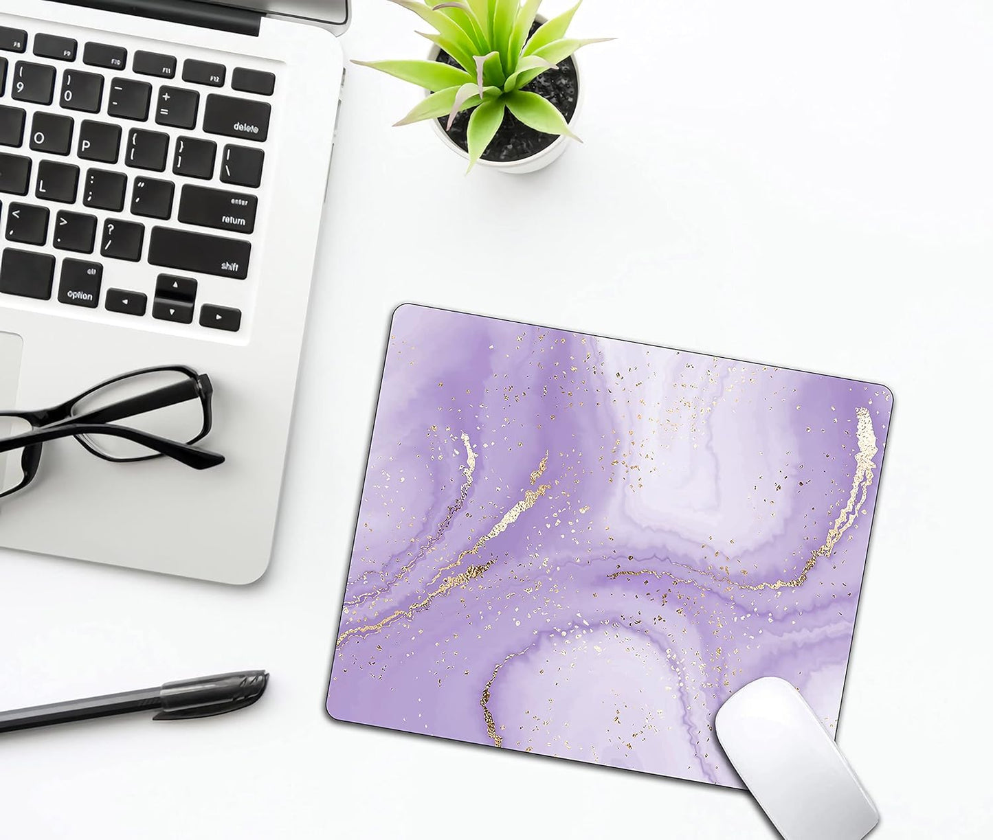 Gold Splatter Marble Mouse Pad, Purple Texture Marbling Mousepad for Design, Anti-Slip Rubber Base Wireless Mouse Pads for Laptop