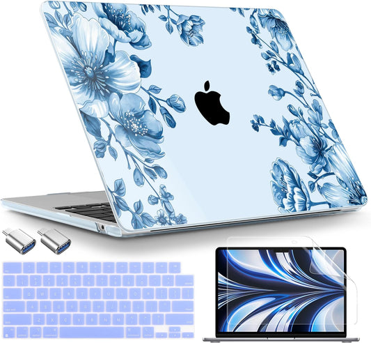 TWOLSKOO Compatible with M4 MacBook Air 13.6 inch Case 2025-2022 Release M4 A3240 M3 A3113 M2 A2681, Plastic Hard Shell & Keyboard Cover & Type C Adapter & Screen Protector, Blue Chinoiserie