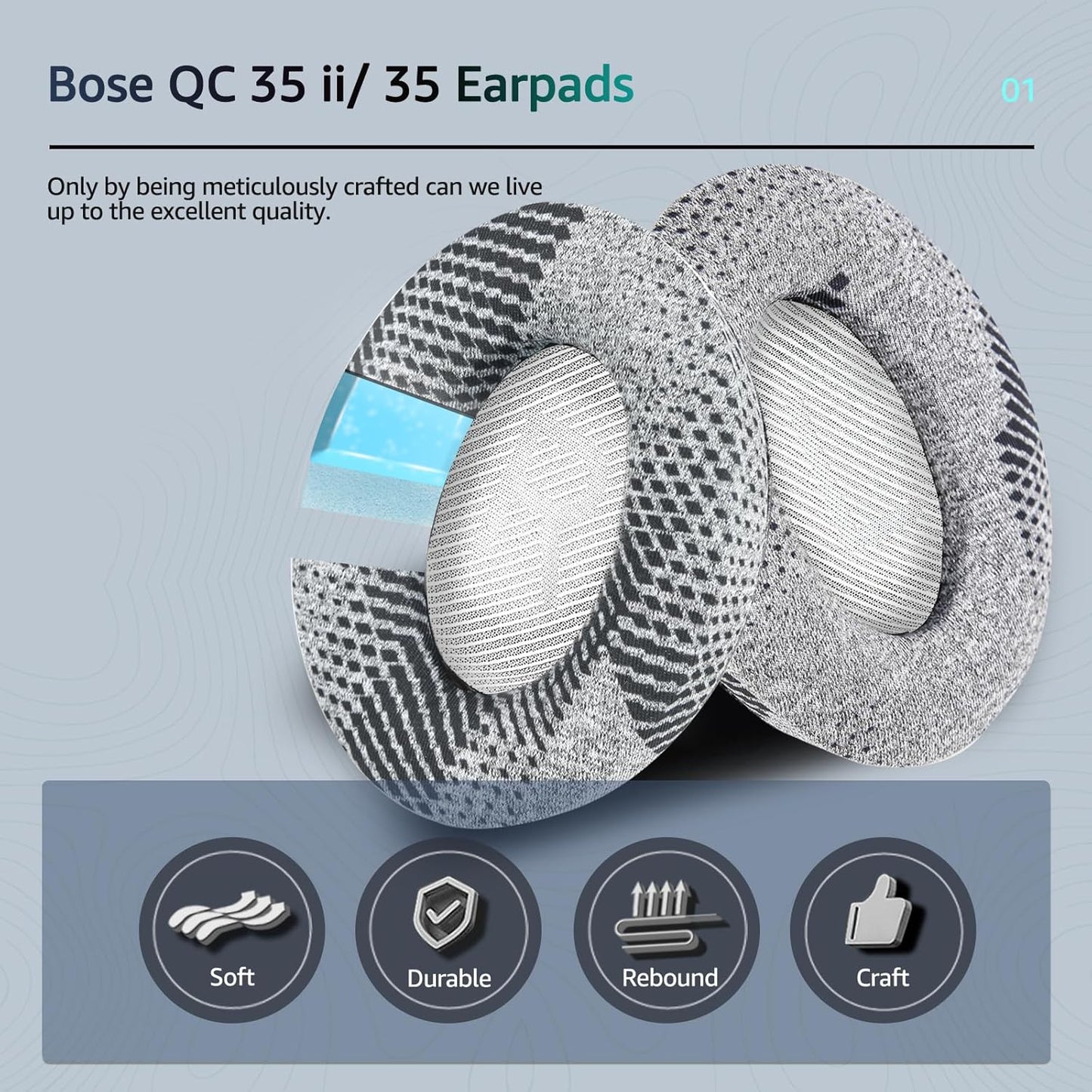 Cooling-Gel QuietComfort 35 / QC35 ii Replacement Ear Pads for Bose Headphones, Also Fit for Bose QC45 QC35 QC25 QC2 QC15/ Around-Ear 2 AE2i AE2w/ SoundTrue & SoundLink Series, White