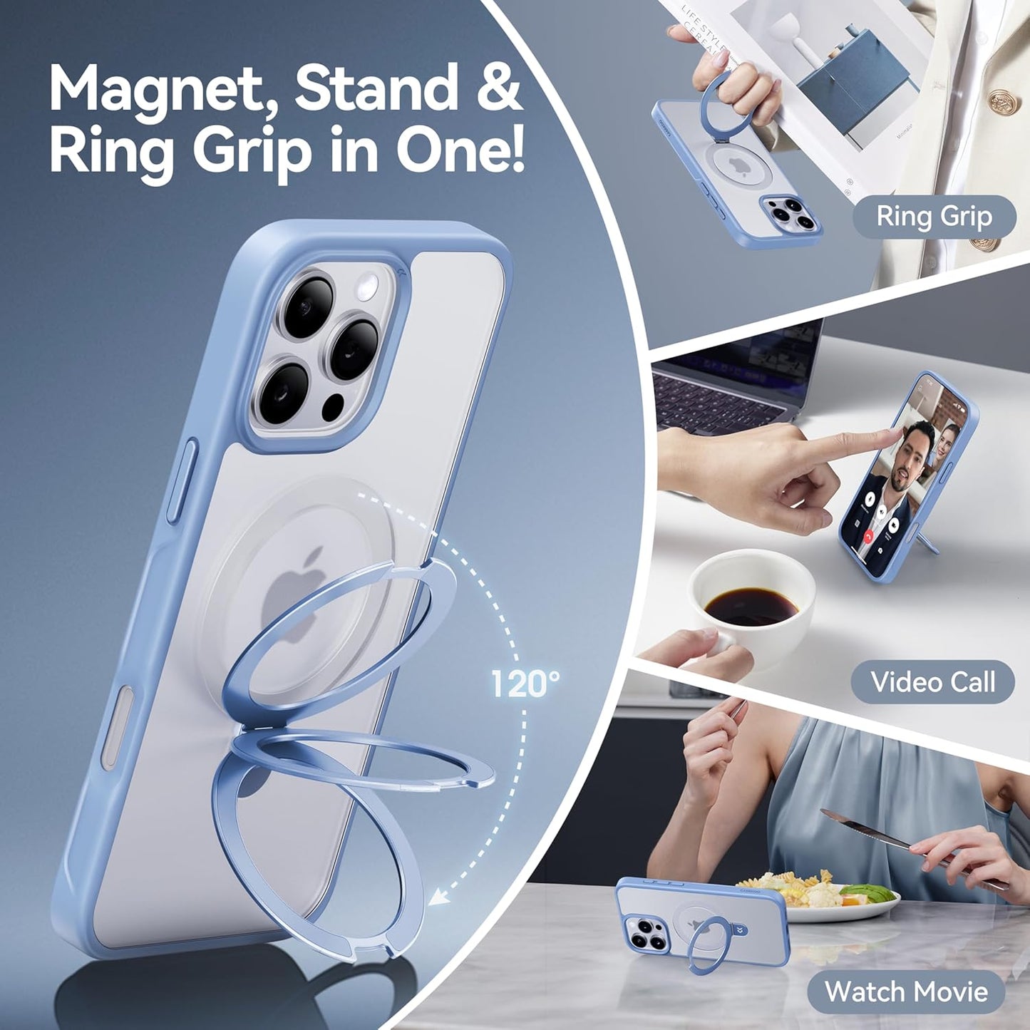 CASEKOO Designed for iPhone 16 Pro Max Case with Magnetic Invisible Stand [Military Drop Protection] [Compatible with MagSafe] Shockproof Slim Translucent Matte Promax Case 6.9 Inch, Light Blue