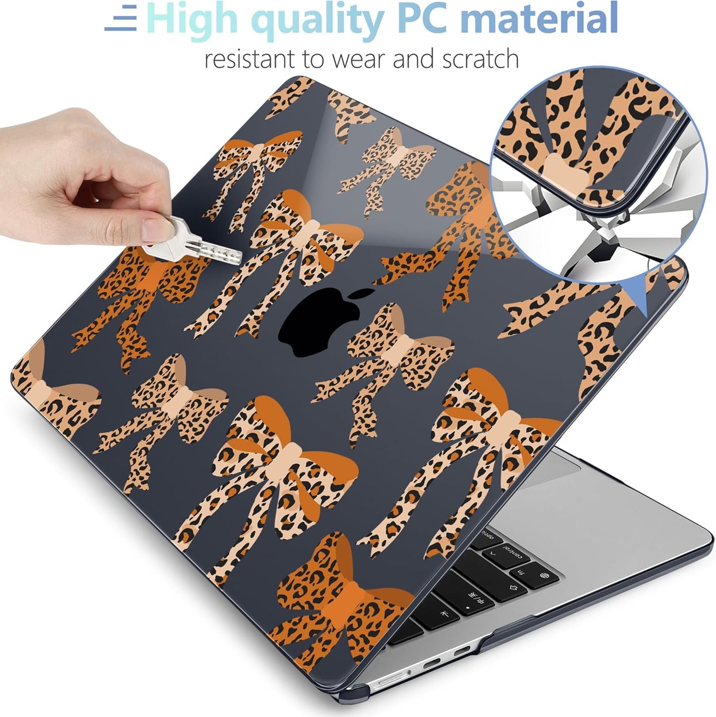 MEEgoodo for M4/M3/M2 MacBook Air 15.3 inch Case 2025 2024 2023, Case Fit Model (A3241/A3114/A2941) for MacBook Air 15 inch, Laptop Hard Shell with Keyboard Cover, Ribbon Bow with Leopard Skin