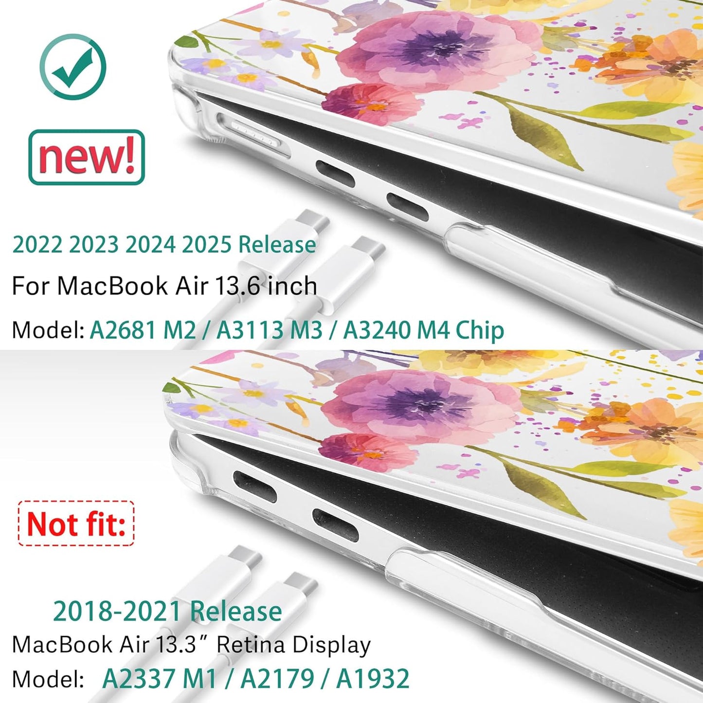 May Chen for MacBook Air 13.6 inch Case A3240 M4 A3113 M3 A2681 M2 with Retina Dispaly, 2025 2024 2023 2022 Release, Plastic Hard Shell Case with Screen Protector & Keyboard Cover, Watercolor Flower