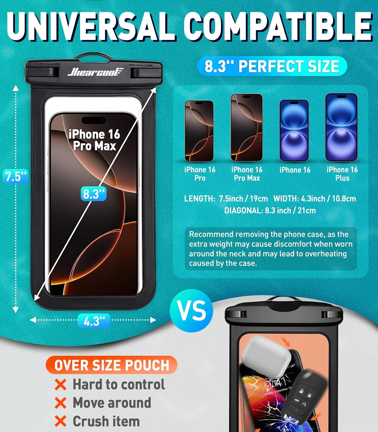 Hiearcool Waterproof Phone Pouch,Underwater Phone Cases Compatible for iPhone 16 15 14 13 Pro Max,Waterproof Dry Bag for Cruise Travel Essentials Phone Water Protector Pouch-Black&Bright Red-2Pack