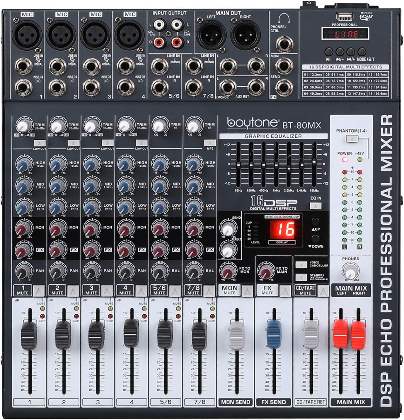 Boytone Dj Mixers 8 Channel Audio Mixer Sound Board with Bluetooth, USB MP3 Port Player with 48V Phantom Power Sounds Mixer with 16 Bit FX Effect, BT-80MX