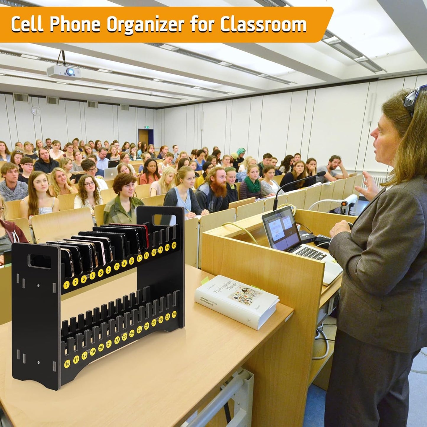 Cell Phone Holder Classroom Cell Phone Storage 2-Tier Multiple Cell Phone Stand Rack with 1-30 Number Stickers PVC Board Mobile Phone Holder Desktop Organizer for Classroom (Black, 30 Slots)