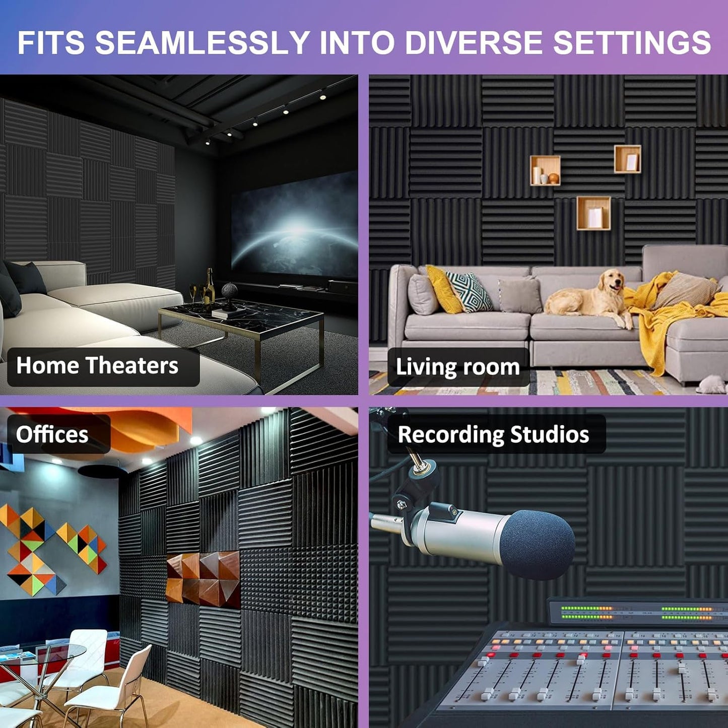 JBER Acoustic Foam Panels, 48 Pack 12x12x1 Inch Upgraded Self-Adhesive Soundproof Wall Panels Sound Absorbing Panel Treatment for Home Office Studio - Black