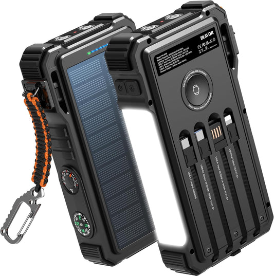 BLAVOR Solar Power Bank 20000mAh/74000mWh Built-in Cables, Wireless Charger for Apple Watch, 20W Fast Charging Battery Pack with USB C, Flashlight, Solar Charger for iPhone, iPad, iWatch, Samsung