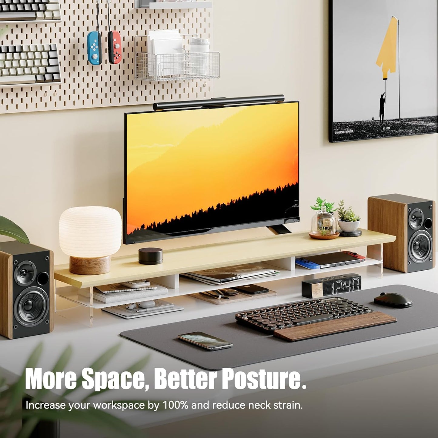 Dual‑Tier Monitor Stand for Modern Desk Setup – Minimalist Wooden and Metal Riser Shelf with Transparent Acrylic Feet for Dual Monitors, Laptops, Home Office Aesthetic，Beige and White