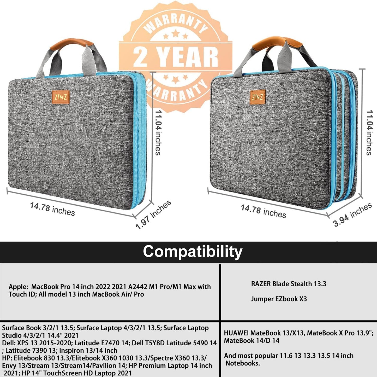 ZINZ Slim Expandable 13 13.3 13.6 14 Laptop Case Sleeve Compatible with MacBook Air/Pro 13-14 M1 M2 M3 2021-2023 Pro/Max,13.5 Surface Laptop 4/3,L01G02