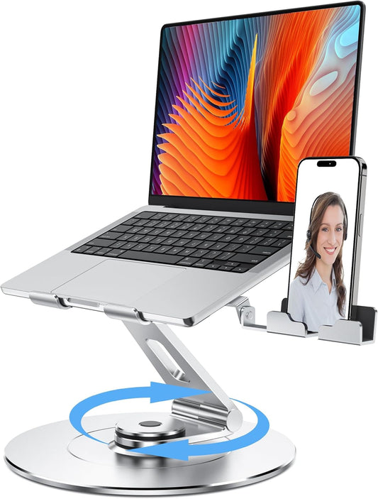 Laptop Stand with Phone Holder, Adjustable Laptop Stand with 360 Rotating Base, Aluminum Computer Mount Holder, Ergonomics Laptop Riser for Desk, Fits MacBook, up to 17.3" All Notebooks Silver