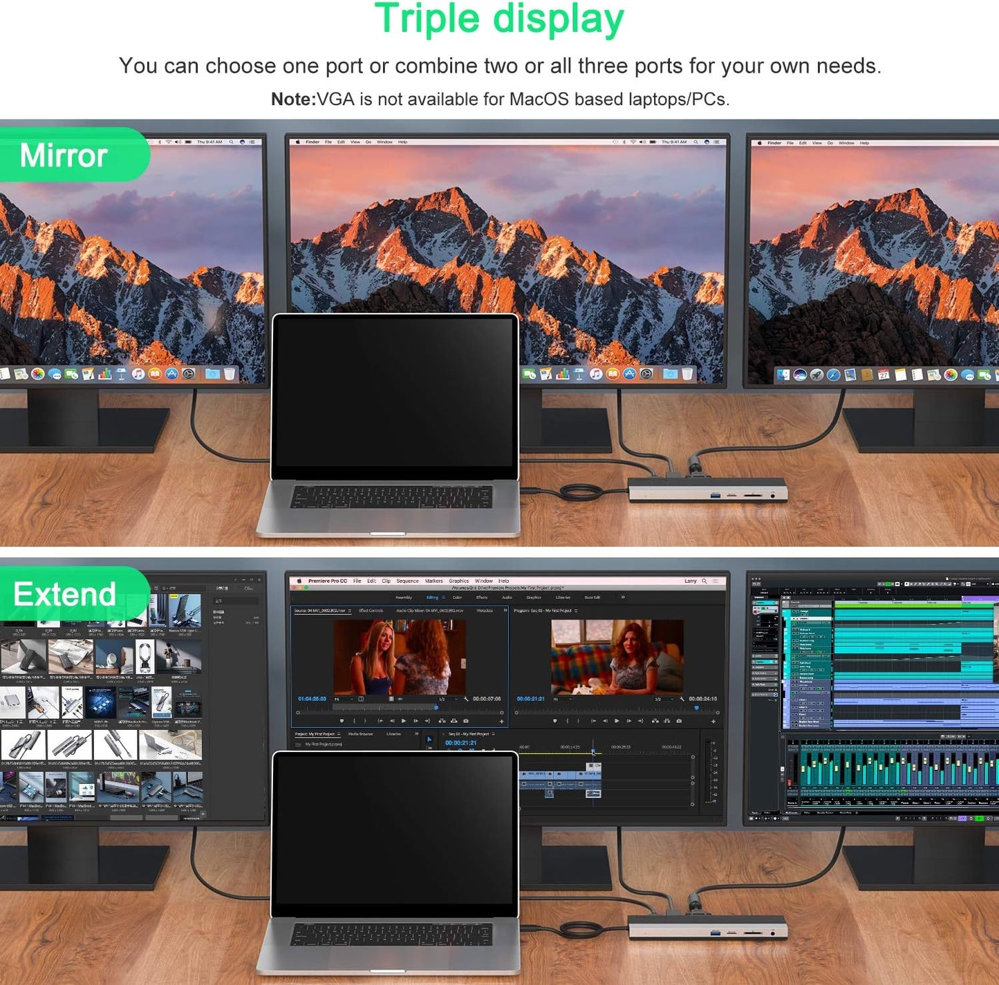 WAVLINK 12-in-1 USB C Docking Station, Triple Display Type C Hub Multiport Adapter with HDMI, DisplayPort, VGA, Ethernet, USB-C 100W PD3.0 Charging, USB3.0, USB2.0, SD/TF Card Reader, Audio- UMD03