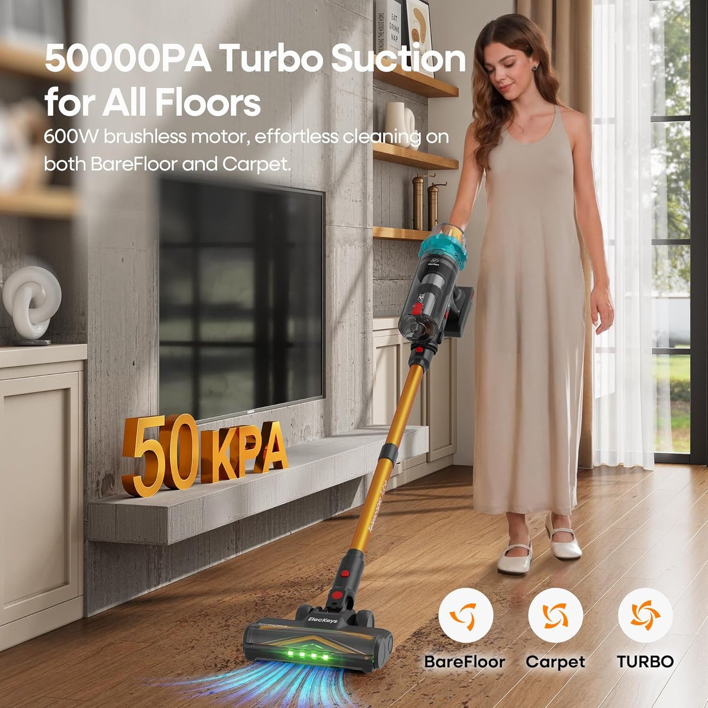 ElecKeys Cordless Vacuum Cleaner, 600W 50KPA 70Mins Self-Standing Vacuum Cleaners for Home, Stick Vacuum with Touch Screen, Anti-Tangled Vacuum Cordless for Pet Hair, Floors, Carpets, Gold