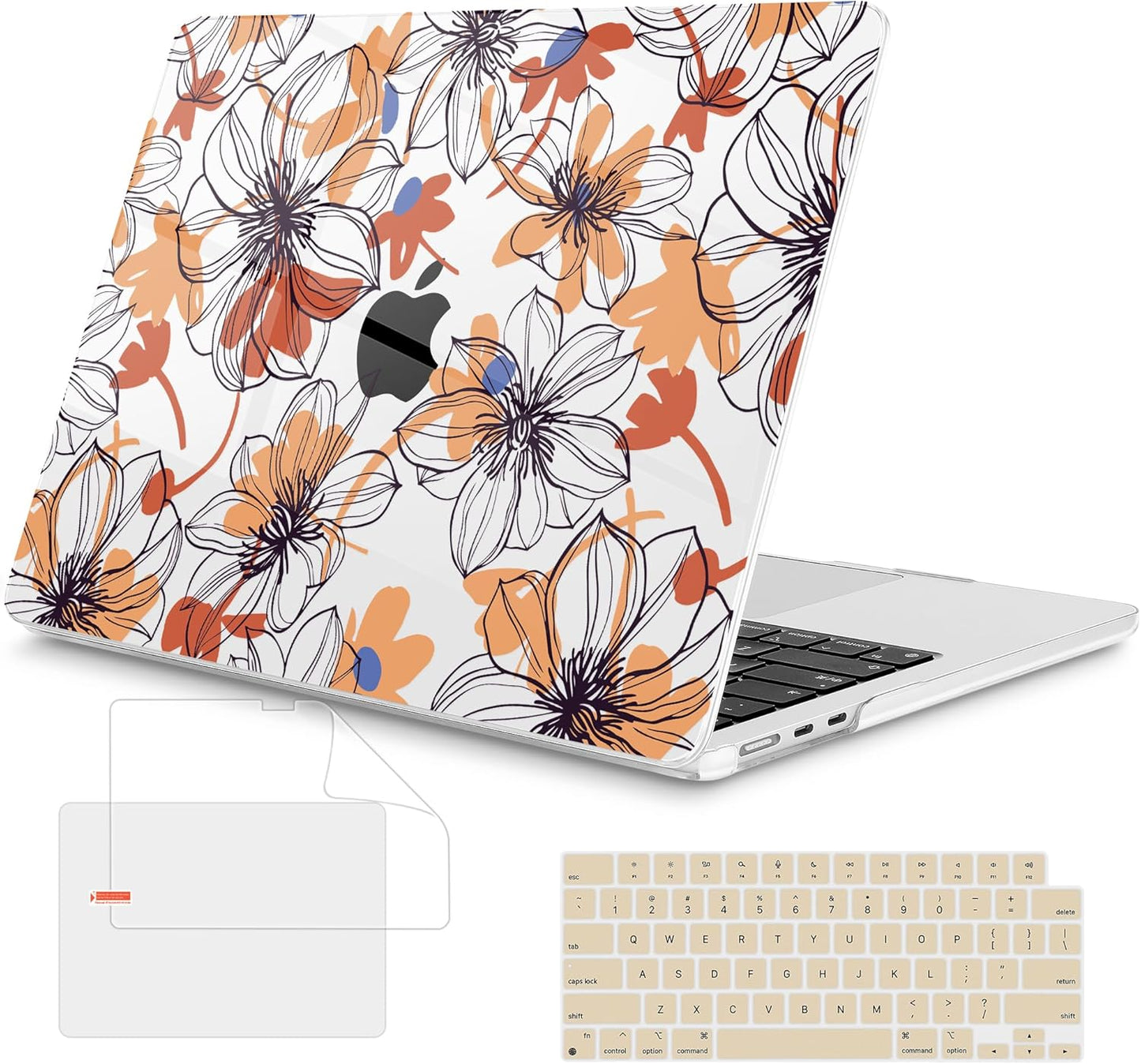 Mektron Compatible with M4 MacBook Air 15 inch Case 2025 A3241 2024 2023 M3 A3114 A2941 M2 Liquid Retina Display Touch ID, Plastic Hard Case & Keyboard Skin & Screen Protector - Floral C345