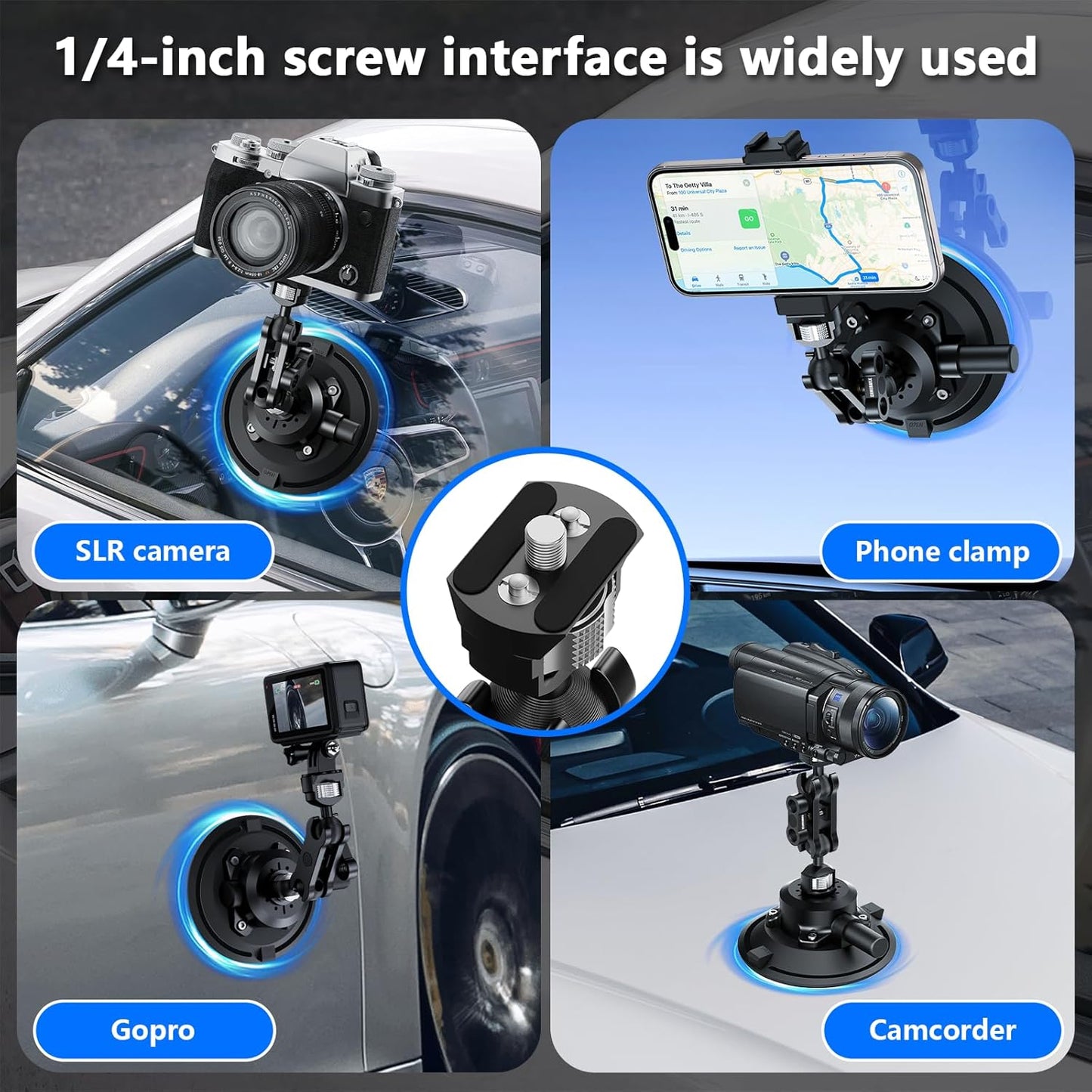 Camera Suction Cup Mount with Ball Head Magic Arm,4.5" Metal Vacuum Suction Cup Mount Car Windshield Dash Mount for Action Camera/Phone Holders with 1/4",1/8" Holes(Black)