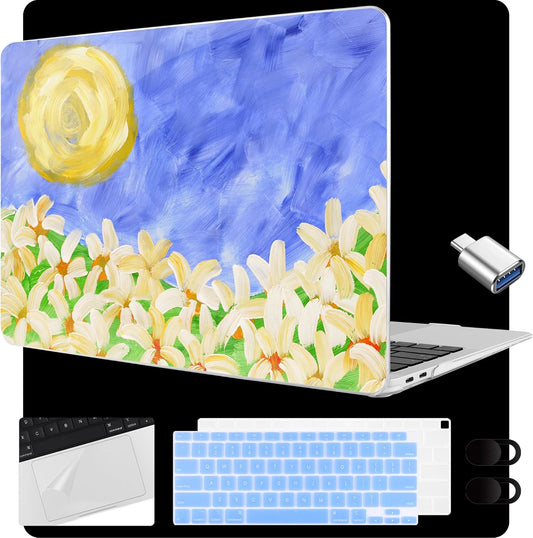 MEEgoodo for MacBook Air 13.3 inch Case 2021 2020 2019 2018 A2337 M1 A2179 A1932, Laptop Shell for MacBook Air M1 with Keyboard Webcam Cover & Trackpad Film & Type C Adapter,Summer Flowers
