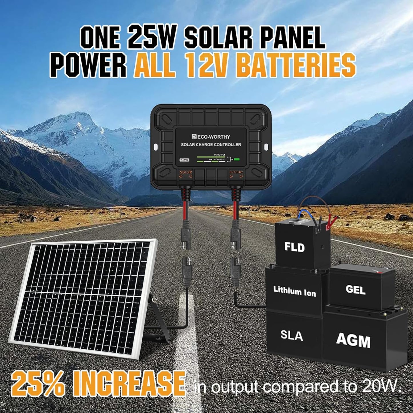 ECO-WORTHY 25W 12V Solar Battery Trickle Charger Maintainer, Waterproof Solar Panel + Adjustable Mount Bracket + Upgrade Charge Controller for 12V Batteries Cars RV Boat Motorcycle Marine