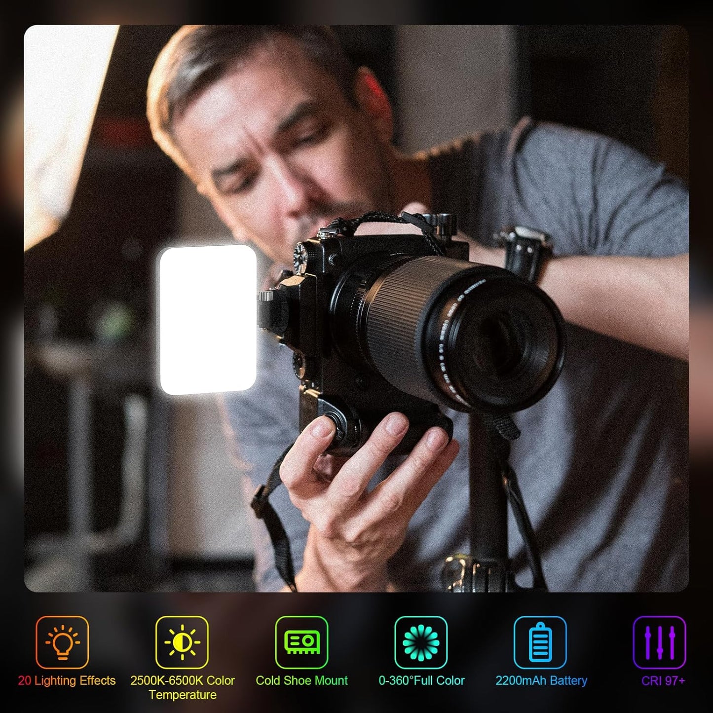 Hagibis RGB Camera Light,360°Full Color Portable Video Light LED Photo Light w Cold Shoe,2200mAh Rechargeable CRI97+,20Effects Lighting for Photography/Advertising Poster/Short Film (RGB-Black)