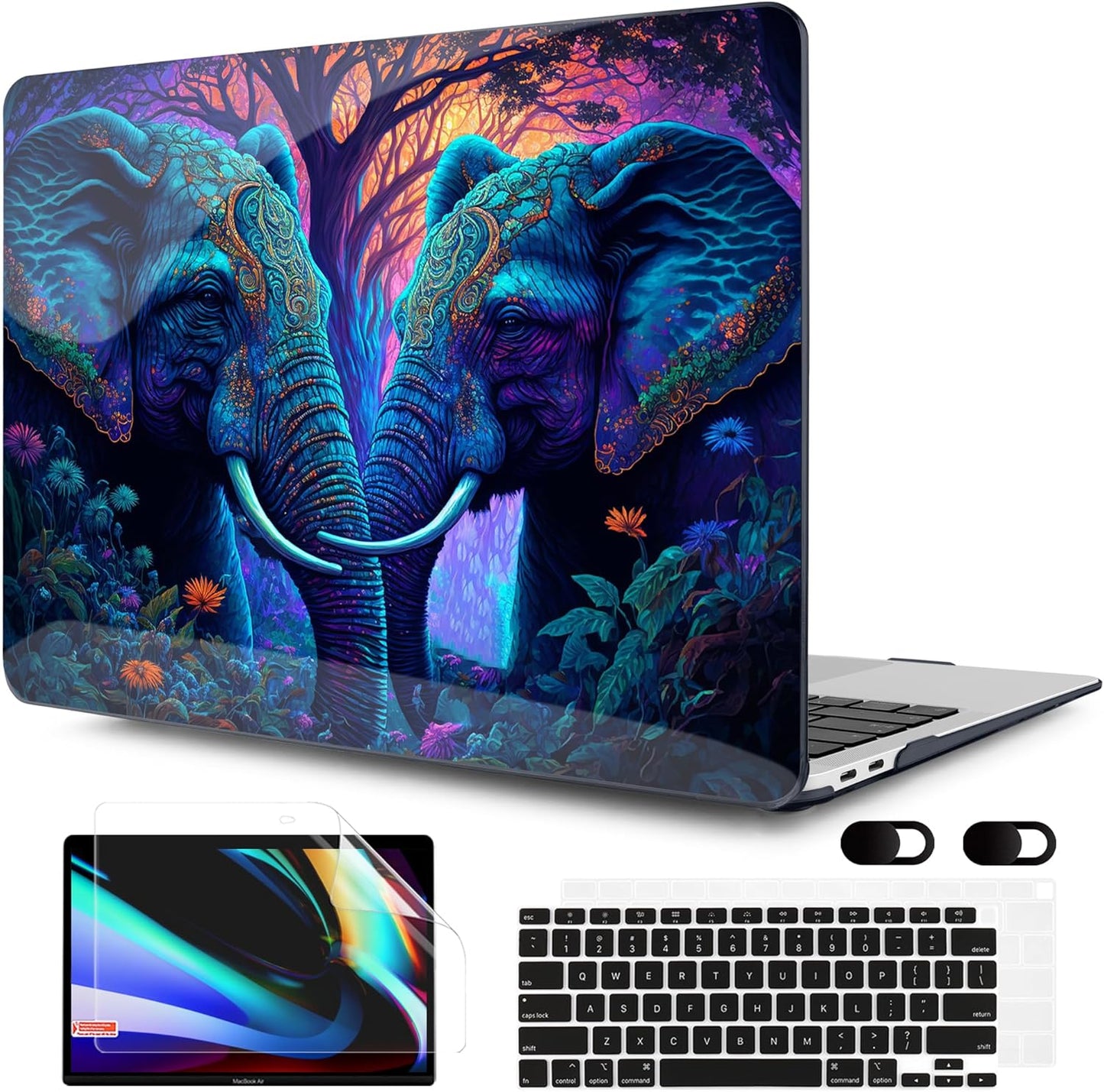 MEEgoodo MacBook Air 13 inch Case 2021-2018 with Touch ID, Plastic Hard Shell & Keyboard Cover, Compatible Devices: A2337/A2179/A1932, Glossy, Elephants