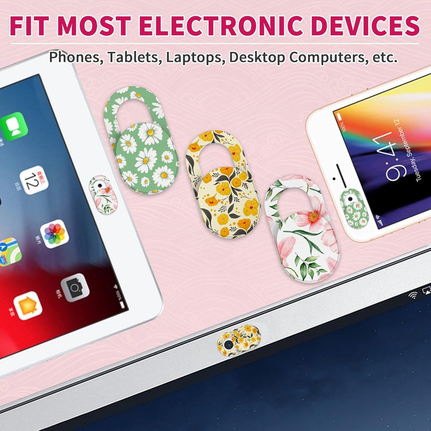 Laptop Camera Cover Slide Cute (6 Pack), Ultra Thin Webcam Cover for iPhone iPad MacBook Pro Computer iMac Cell Phone PC Accessories, 0.03" Camera Blocker Slider, Great for Privacy - Flowers