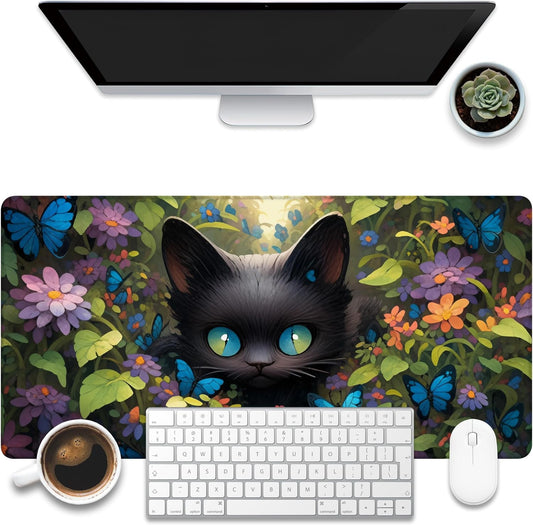 Desk Pad, Cute Black Cat Desk Mat, Cat Among Butterfly Flowers Large Gaming Mouse Pad for Desk, 31.5"x15.7" Extended Big Computer Keyboard Mouse Pad with Non-Slip Base and Stitched Edge