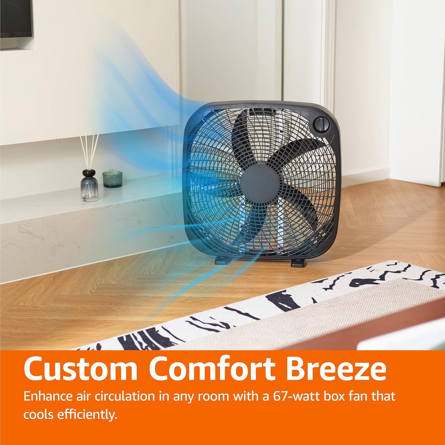 Amazon Basics 3 Speed Box Fan, Indoor Electric Fan for Home Cooling, 5 Blades, Lightweight Design, 67 Watts, 20-Inch, Black, 6.8"D x 20.86"W x 21.33"H