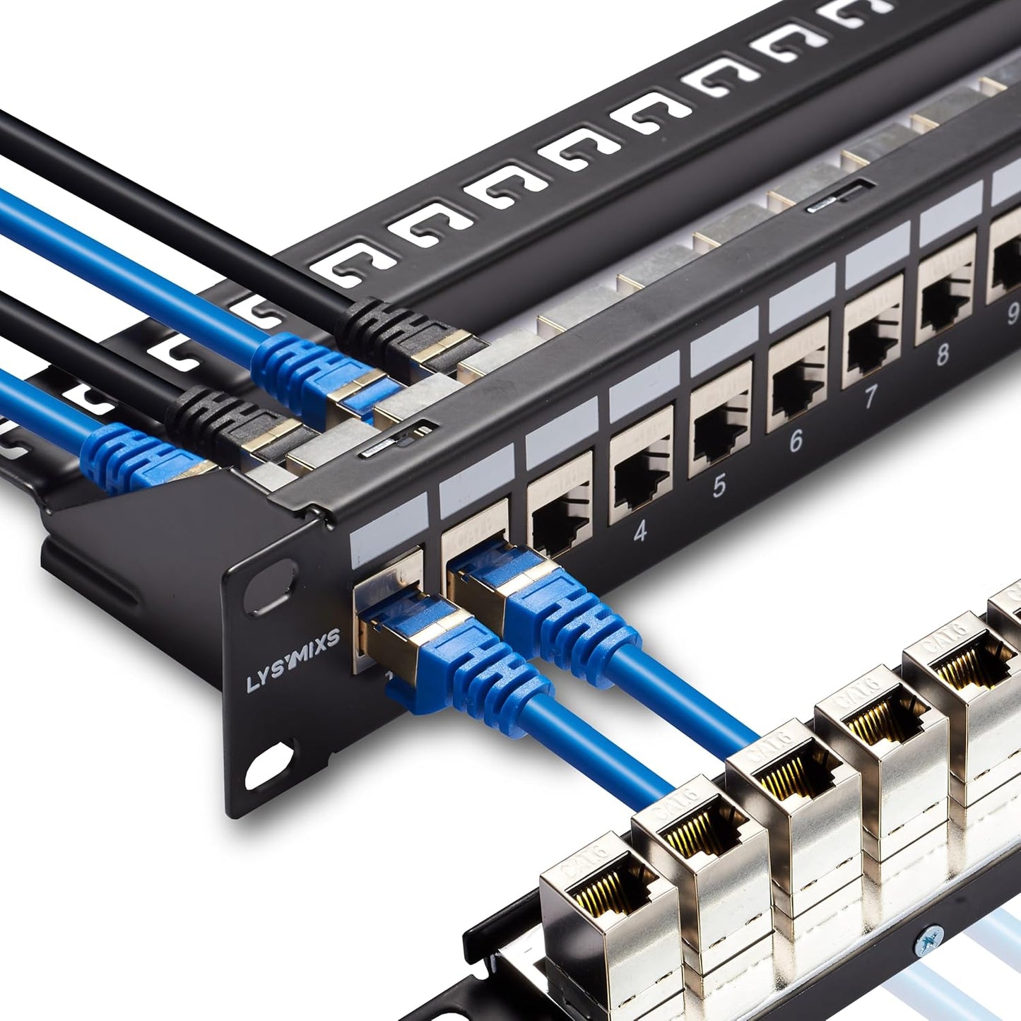 24 Port RJ45 Patch Panel Cat6 STP Feed Through, Coupler Network Panel 19 Inch, Inline Keystone Ethernet Patch Panel with Back Bar