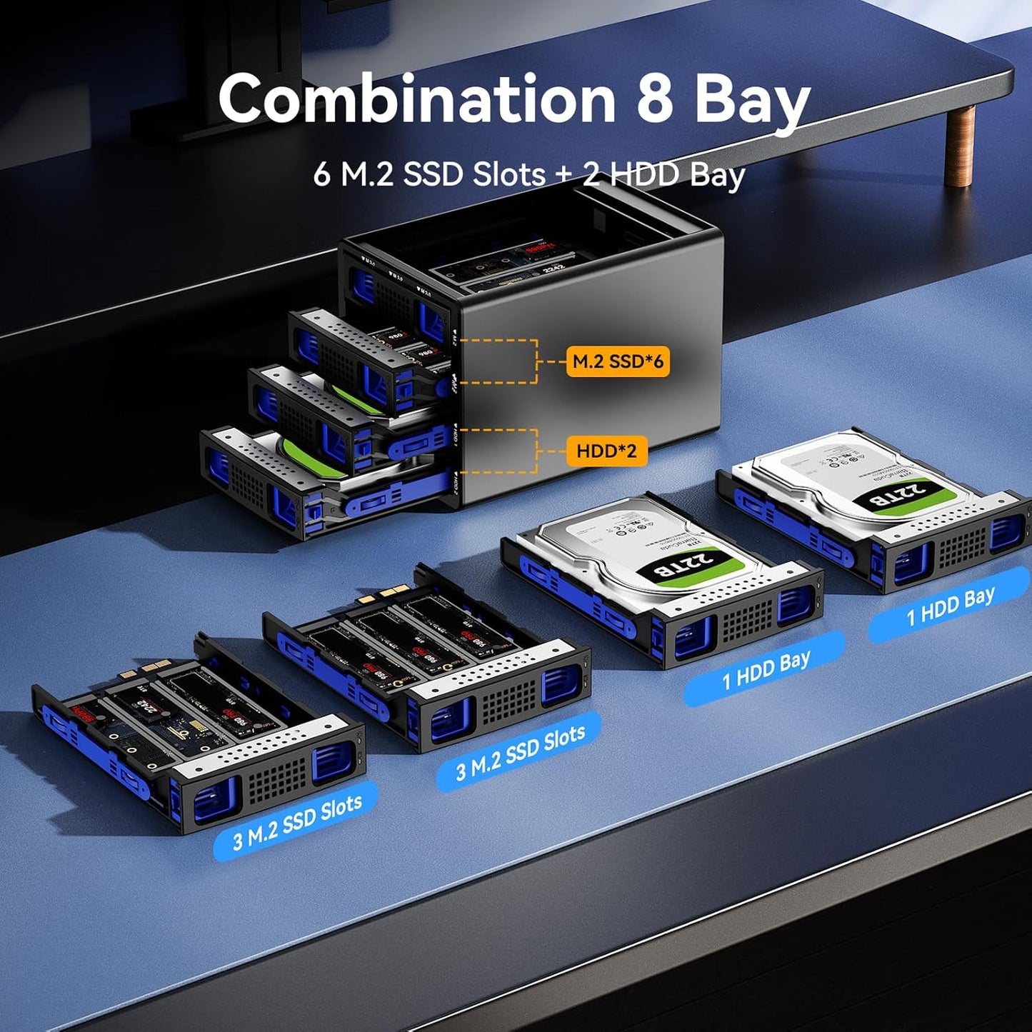 Hybrid 2*2.5/3.5" SATA HDD/SSD+6* M / B+M Key M.2 NVMe Enclosure with Cooling Fan and USB A/C 3.2 Gen 2, Hard Drive Enclosure Support 92TB(2*22TB HDD+6*8TB 2230/2242/2260/2280/22110 SSDs)