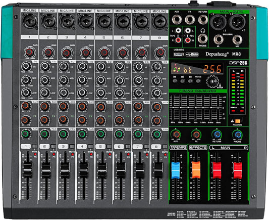 Depusheng MX8 8 Channel Sound Mixer Audio Mixing Console 48V 256DSP Professional USB PC Play Record Podcast Live Broadcast (US MX8)