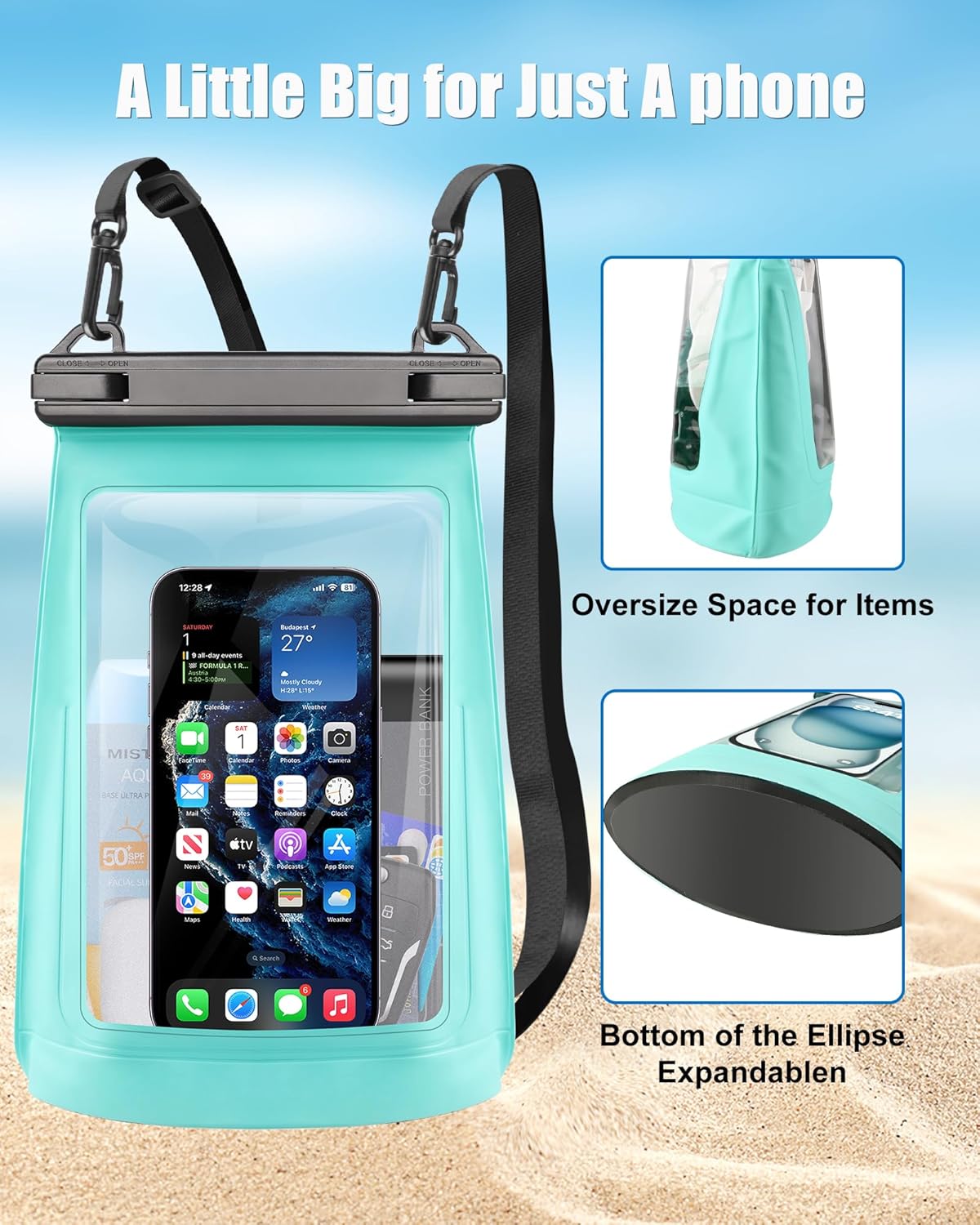 2L Waterproof Phone Pouch for iPhone 16 15 14 11 Pro Max & Galaxy S24 S21 - Floating Large Capacity Dry Bag Stores Sunscreen, Sunglasses - Oversized Waterproof Bag for Beach, Swimming, Kayaking