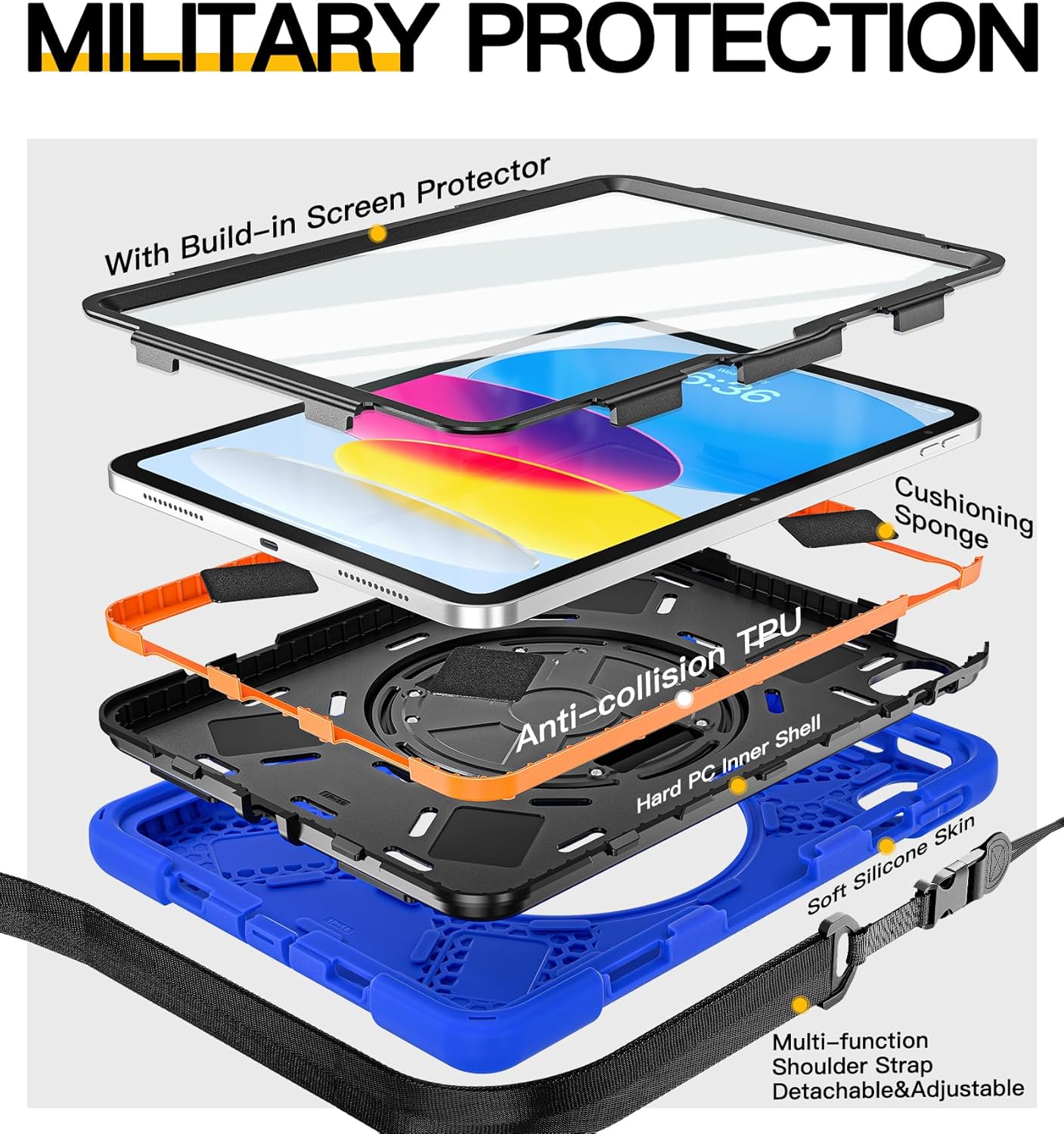 BRAECN for iPad (A16) 11th/10th Generation case 11/10.9 inch 2025/2022 Heavy Duty Shockproof Protective with Pencil Holder Screen Protector 360°Rotating Stand Handle & Shoulder Strap Full Body Cover