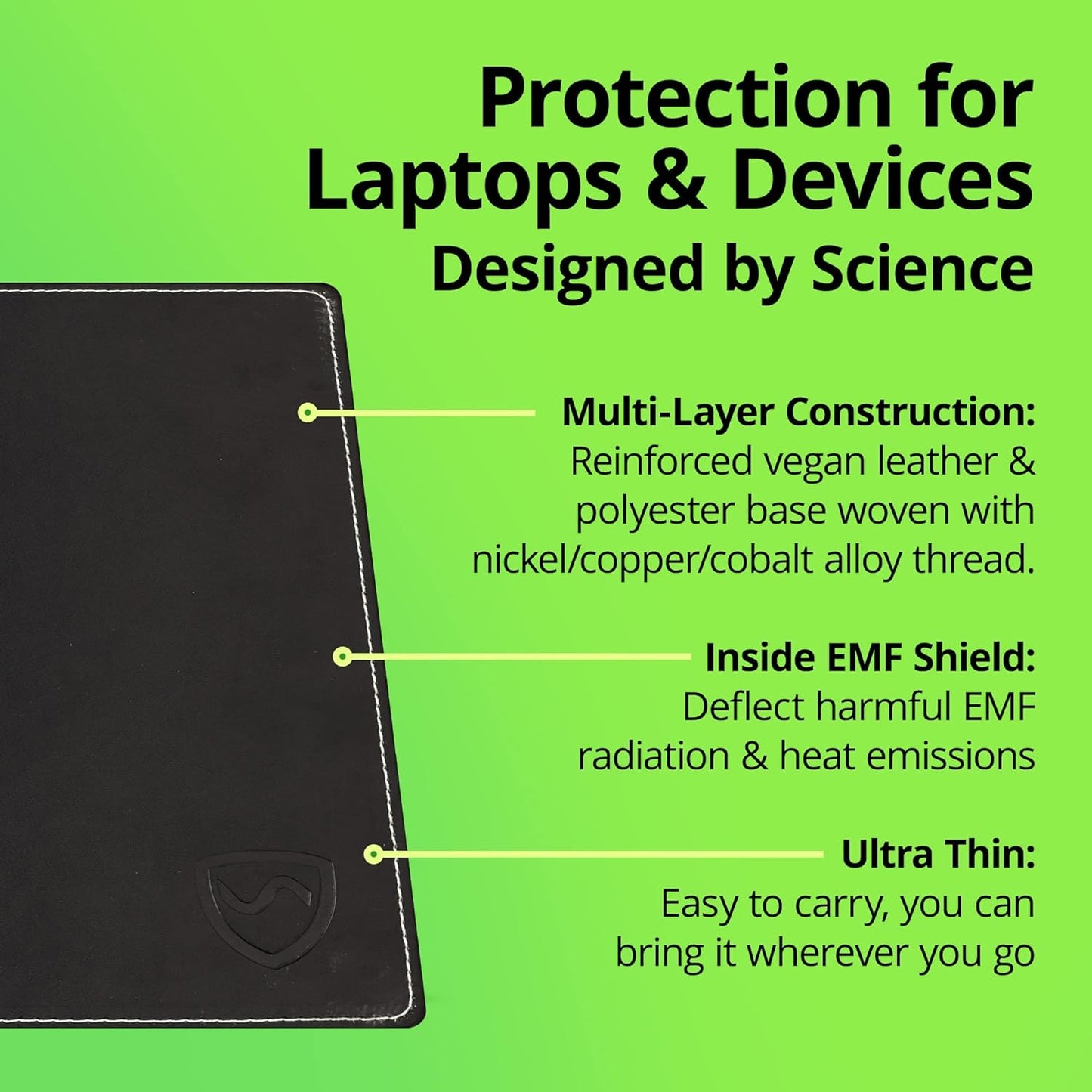 Shield Your Body - Laptop Lap Pad with SaferBody™, Anti Radiation Shield & Heat Shield Pad, EMF Blocker Laptop Pad for Up to 14in.Wide Device (13.8 x 10.7 inches), Jet Black PU Leather Color