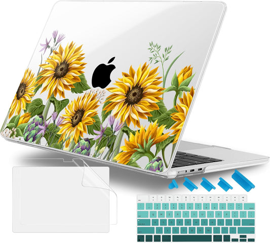 Case for MacBook Air 15 Inch 2025 2024 2023 Release M4 A3241 M3 A3114 M2 A2941, Hard Shell with Screen Protector & Keyboard Cover, Compatible with Touch ID, Sunflowers